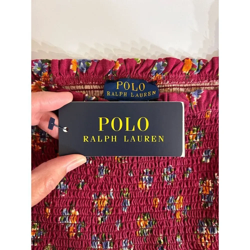 Polo Ralph Lauren‎ Girls Top Size 5 Burgundy Floral Smocked Square Neck Blouse